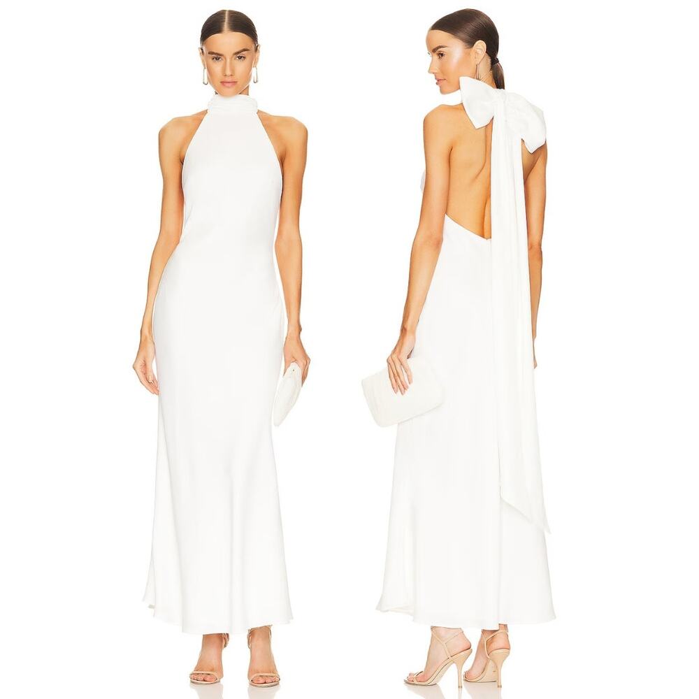 MISHA Evianna Satin Gown Halter Neck Bow Open Back Bridal Wedding Formal Party S